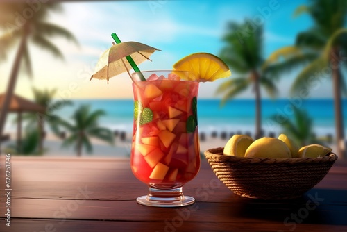 Tropical Fruit Cocktail Beach Paradise with Palm Trees. Generative AI