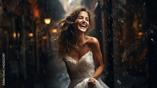 Wunderschöne Braut im weissen Brautkleid im dunklen Stadt Licht lacht herzhaft Nahaufnahme, ai generativ