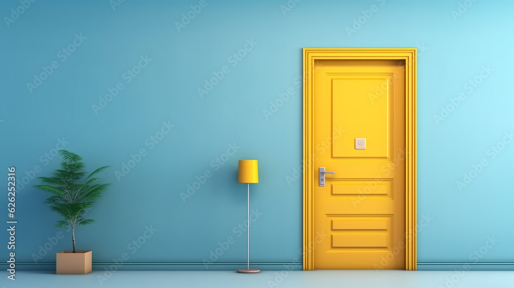 yellow door on a blue background abstract interior. yellow door on a blue background abstract interior.