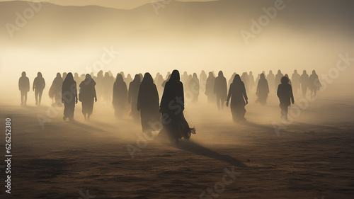 black silhouettes wander through the desert apocalypse fantasy.