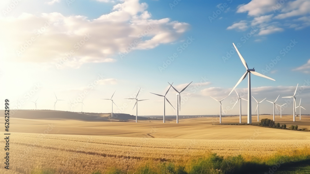 Wind energy generators on a green field.