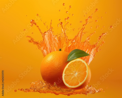 Whole and slices of oranges. Orange fruit with juice splash isolated on orange background. Generative AI
