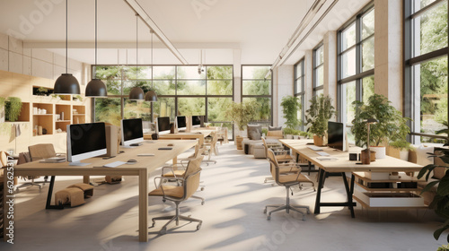 Open space modern office with wooden work tables.