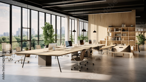 Open space modern office with wooden work tables.