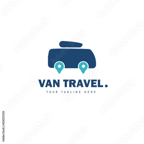 Travel logo design, with elements of a van, location icon, the blue color on the logo symbolizes freedom and trust, suitable for travel agency brand logos etc.