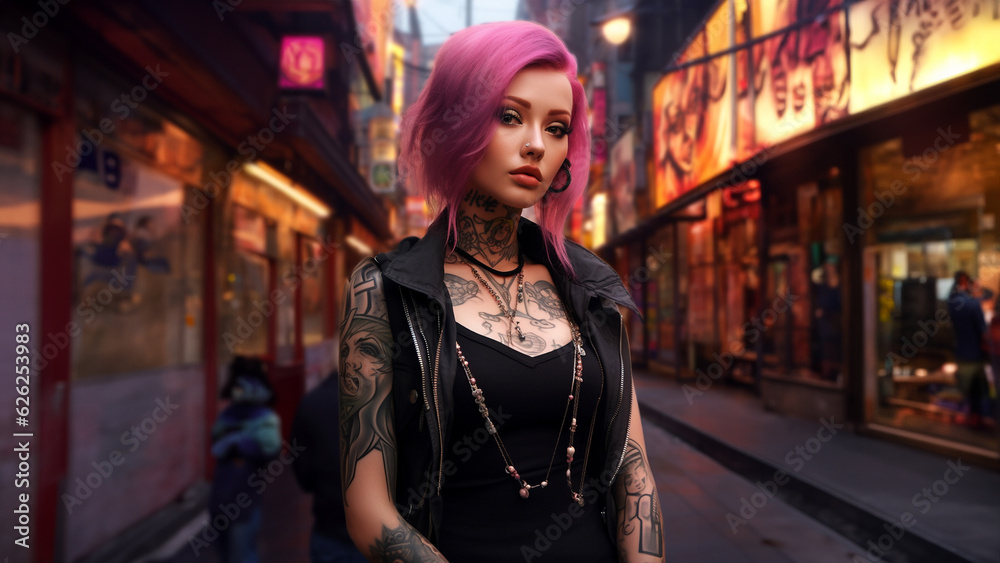 Hübsche Pink haarige Frau mit tattoos und Visagistik in der Einkaufsstraße Nahaufnahme, ai generativ Hübsche Pink haarige Frau mit tattoos und Visagistik in der Einkaufsstraße Nahaufnahme, ai generativ