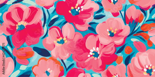 Cute abstract flowers print. Modern cartoon style pattern. Fashionable template for design. Pink flower pattern, with bright colorful backgrounds, vibrant acrylic colors brush strokes, vibrant florals