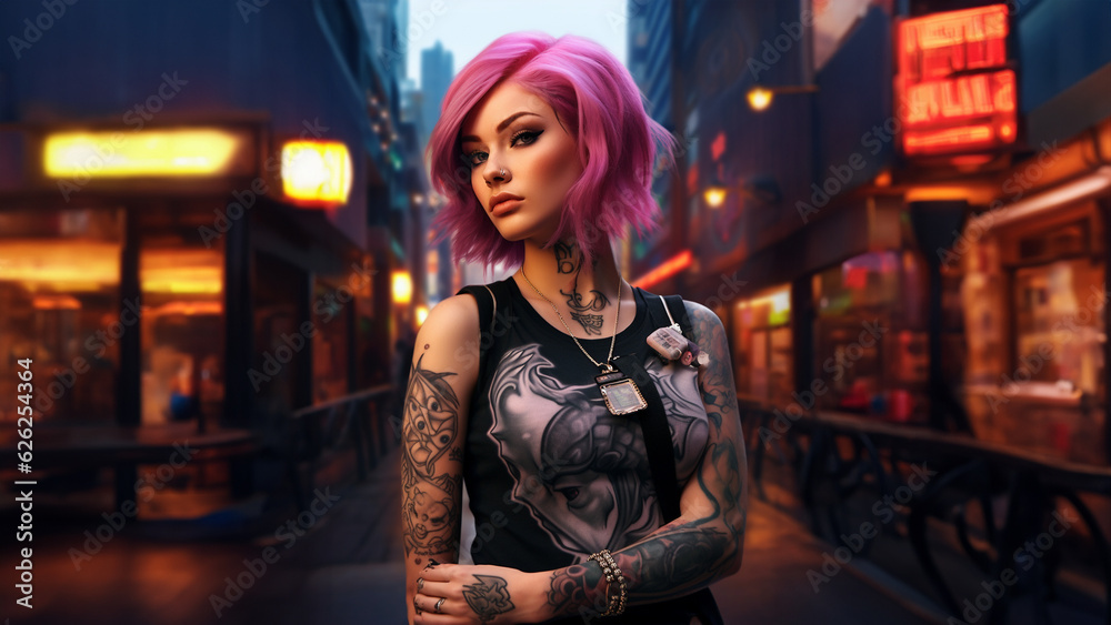 Hübsche Pink haarige Frau mit tattoos und Visagistik in der Einkaufsstraße Nahaufnahme, ai generativ