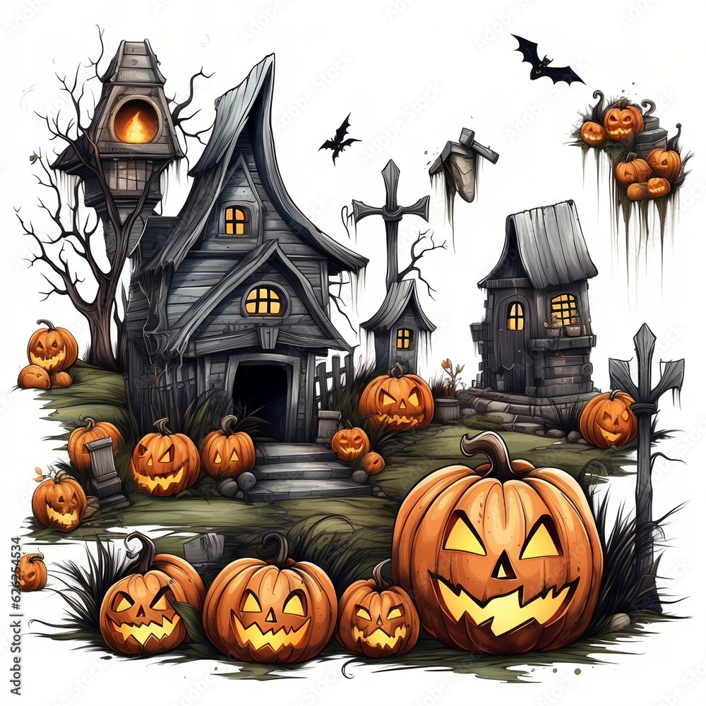 large Halloween clip art, pencil-colored, white background