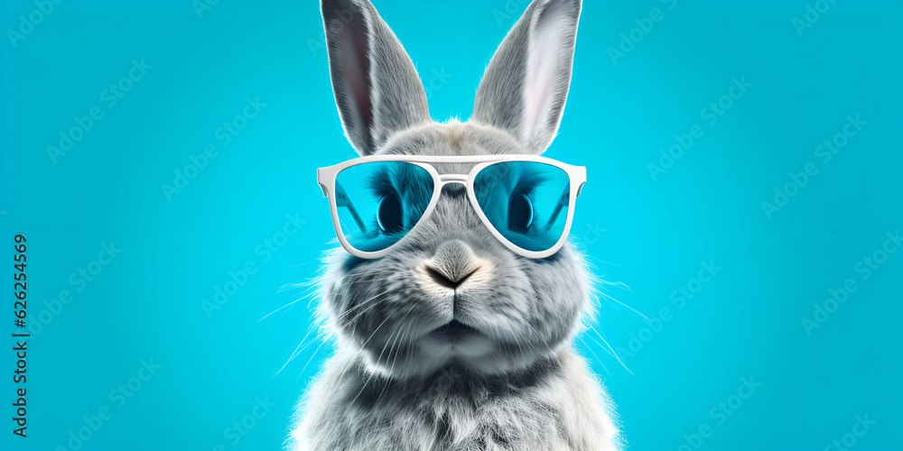 a rabbit wearing sunglasses and a hat with a blue background and a blue background is the image of a rabbit wearing sunglasses and a hat with a blue background is also a blue background