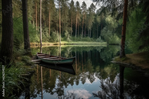 A boat by a lake in a forest, AI generated