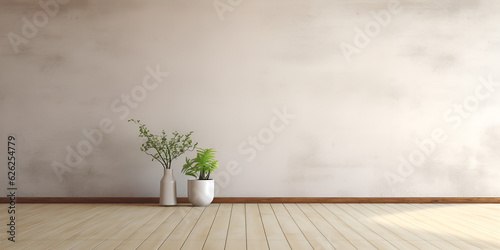 Modern interior room wall design with white background and plant pots
