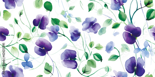 Sweet pea and spring leaves seamless pattern isolated on white. Watercolor botanical illustration. Romantic transparent flowers. Spring floral bouquets