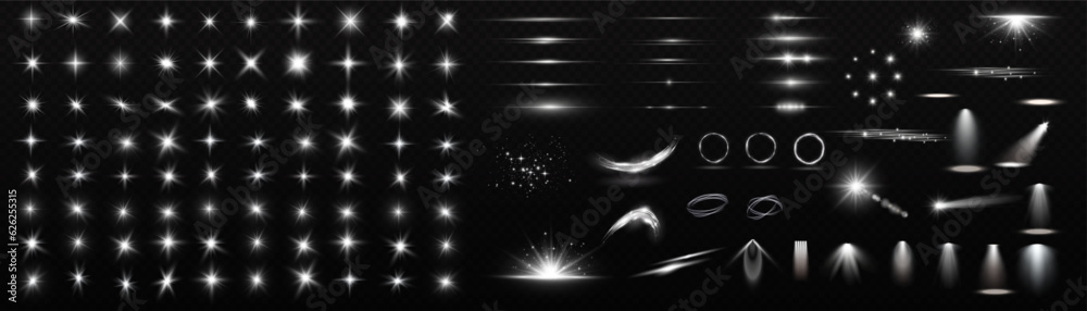 Light effect set. Glow isolated white transparent light effect set, lens flare, explosion, glitter, dust, line, sun flash, spark and stars, spotlight, curve twirl. Sunlight, abstract special effect.