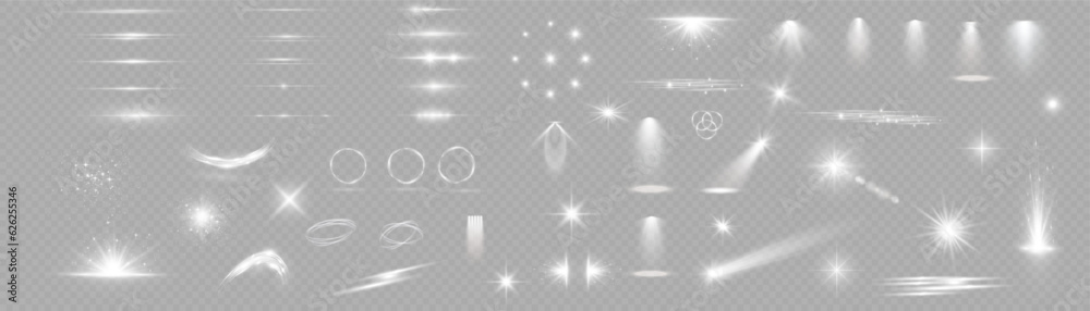 Light effect set. Glow isolated white transparent light effect set, lens flare, explosion, glitter, dust, line, sun flash, spark and stars, spotlight, curve twirl. Sunlight, abstract special effect. - obrazy, fototapety, plakaty 