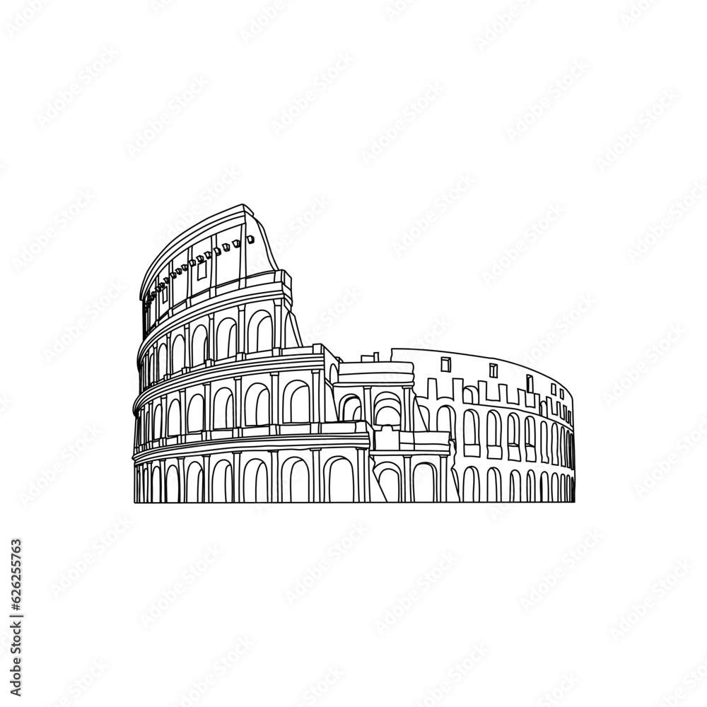 Hand drawn lines of the Colosseum on a white background. Italy, Rome. Famous landmark. Symbol of tourism. Stock vector illustration.