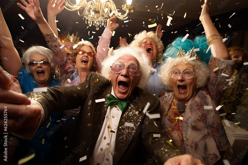 Funny seniors having party on special event. Elderly people celebrating life concept. Generative AI - obrazy, fototapety, plakaty 
