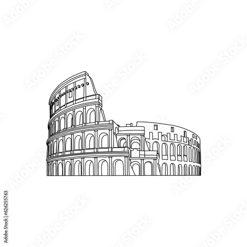 Hand drawn lines of the Colosseum on a white background. Italy, Rome. Famous landmark. Symbol of tourism. Stock vector illustration.