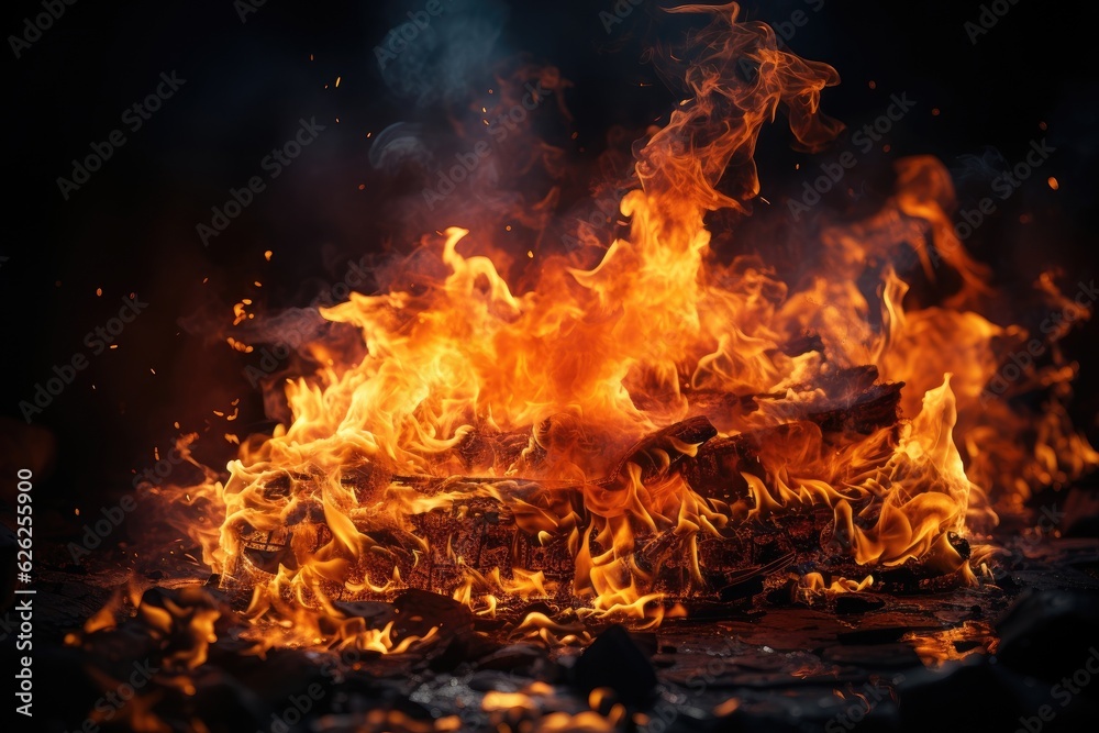 Flames engulfing a fire against a black backdrop, close-up. (Generative AI)