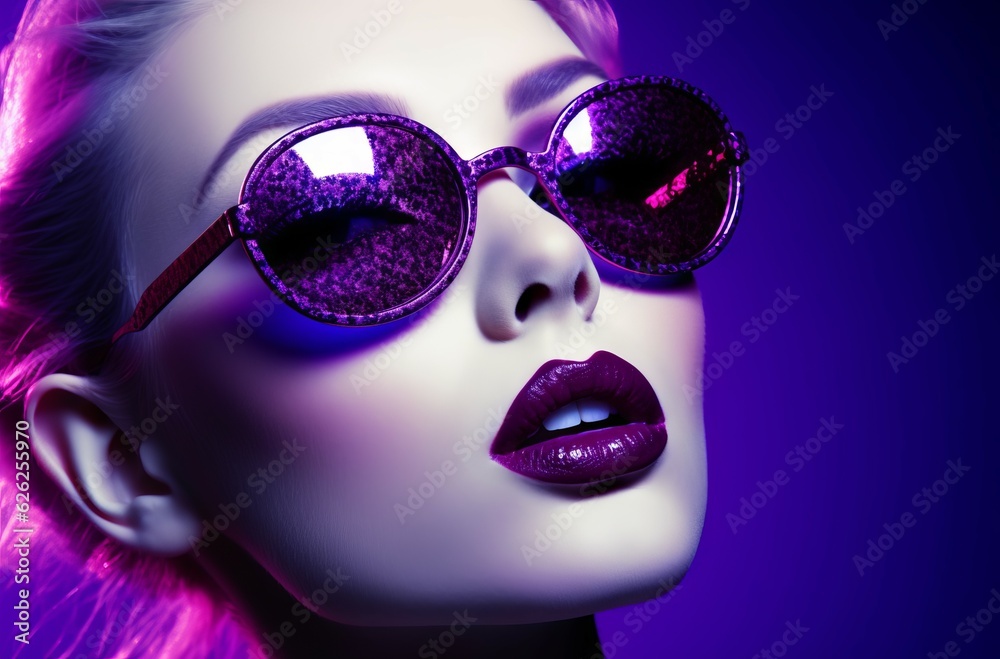 Fashion portrait of a stylish beautiful girl in purple sunglasses.  Close-up portrait of a sexy and sensual beautiful young blonde woman with purple lips on purple background.