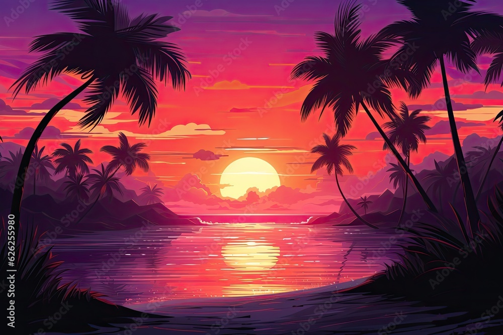 A tropical beach with palm trees is sun setting. (Generative AI)