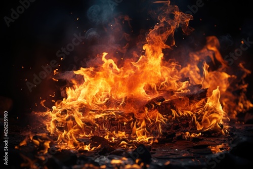 Flames engulfing a fire against a black backdrop  close-up.  Generative AI 
