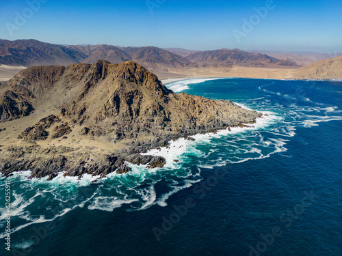 Aerial view of the scenic National Park Pan de Azúcar at the coast of the Atacama desert in Chile - Traveling and exploring South America