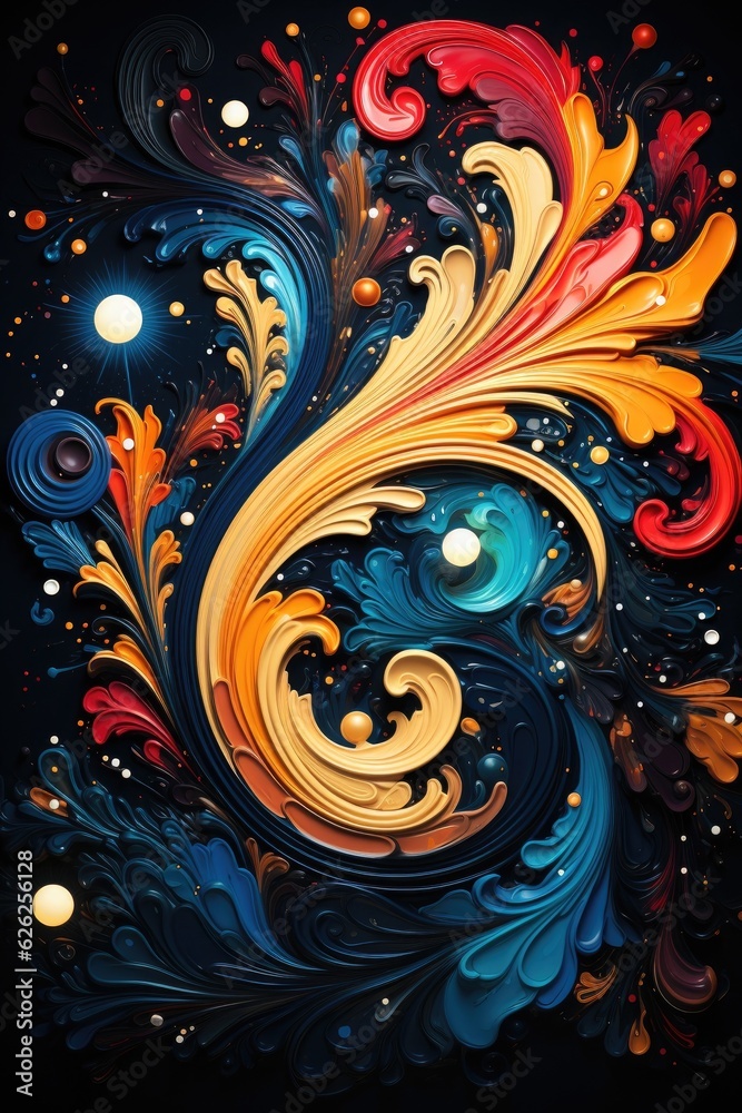 The design is a colorful abstract swirl on a black background. (Generative AI)