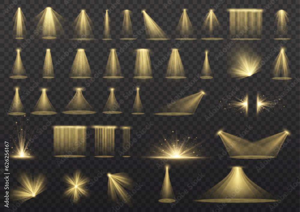 Set of spotlights isolated on transparent background. Vector glowing light effect with golden beams and beams. The light of the star shines from the sun in yellow. - obrazy, fototapety, plakaty 