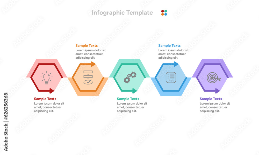 Five Steps or processes hexagon infographic with icon. Vector Infographic.