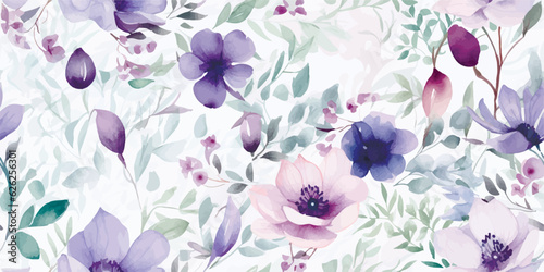 Flower seamless pattern with abstract floral branches with leaves, blossom lilac pink pastel flowers. Vector nature illustration in vintage watercolor style on light white background