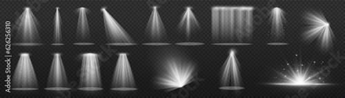 Set of spotlights isolated on transparent background. Vector glowing light effect with golden beams and beams. The light of the star shines from the sun in yellow.