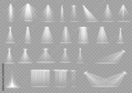 Set of spotlights isolated on transparent background. Vector glowing light effect with golden beams and beams. The light of the star shines from the sun in yellow.