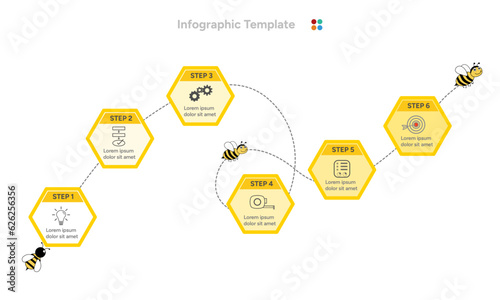 Six steps hexagon beehive timeline with icon infographic. Can be used for presentation, workflow, layout, process, diagram and etc. Vector Infographic.