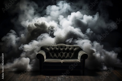 Fotografiet Smoke Rising from Couch in Dark Room with White Light. AI