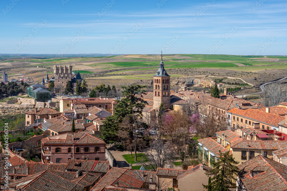 Aerial view of Segovia with San Andres Church and Alcazar - Segovia, Spain