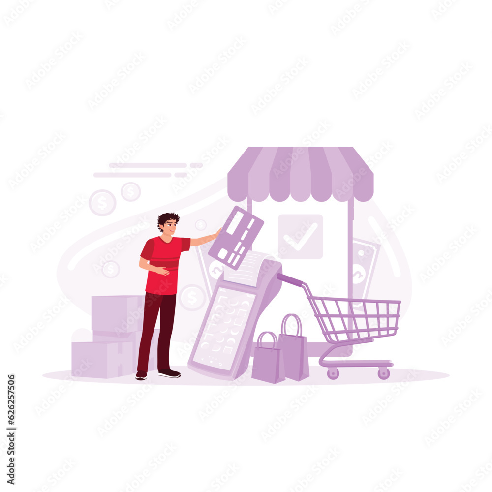 Online shopping and online payments. A man holds a credit card and makes online shopping payments against a mobile app background. Trend Modern vector flat illustration Online shopping and online payments. A man holds a credit card and makes online shopping payments against a mobile app background. Trend Modern vector flat illustration