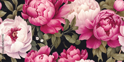 Delicate floral watercolor pattern for textiles and backgrounds, watercolor peonies flowers and green leaves, soft colors, boho style on a light background, floristic vintage