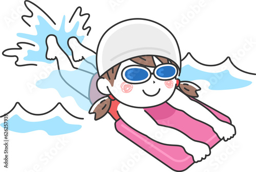 スイミングスクールで、ビート板を使って練習する、ゴーグルを付けた女の子のイラスト