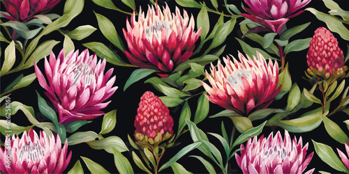 Watercolor seamless pattern with magenta protea, floral background blooming flowers and leaves. Watercolor seamless pattern with protea rose, leaves, branches for greeting wedding card