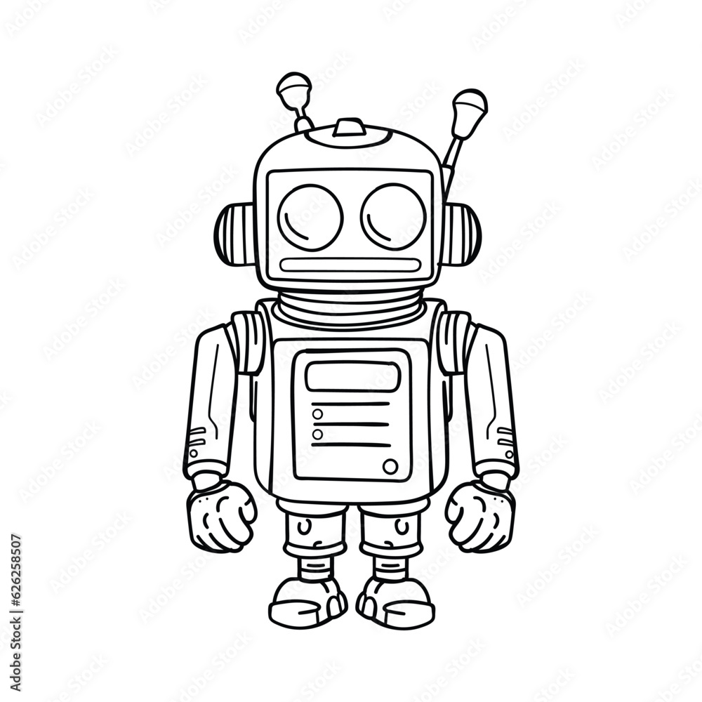 Robot cartoon in doodle style, outline robot drawing hand drawn
