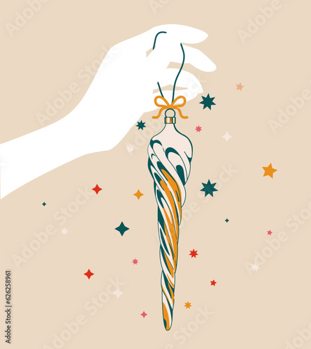 Hand holding Christmas decoration illustration in retro style. Xmas colorful decoration and stars, vector vintage print illustration. Greeting card, invitations, wallpaper, print.