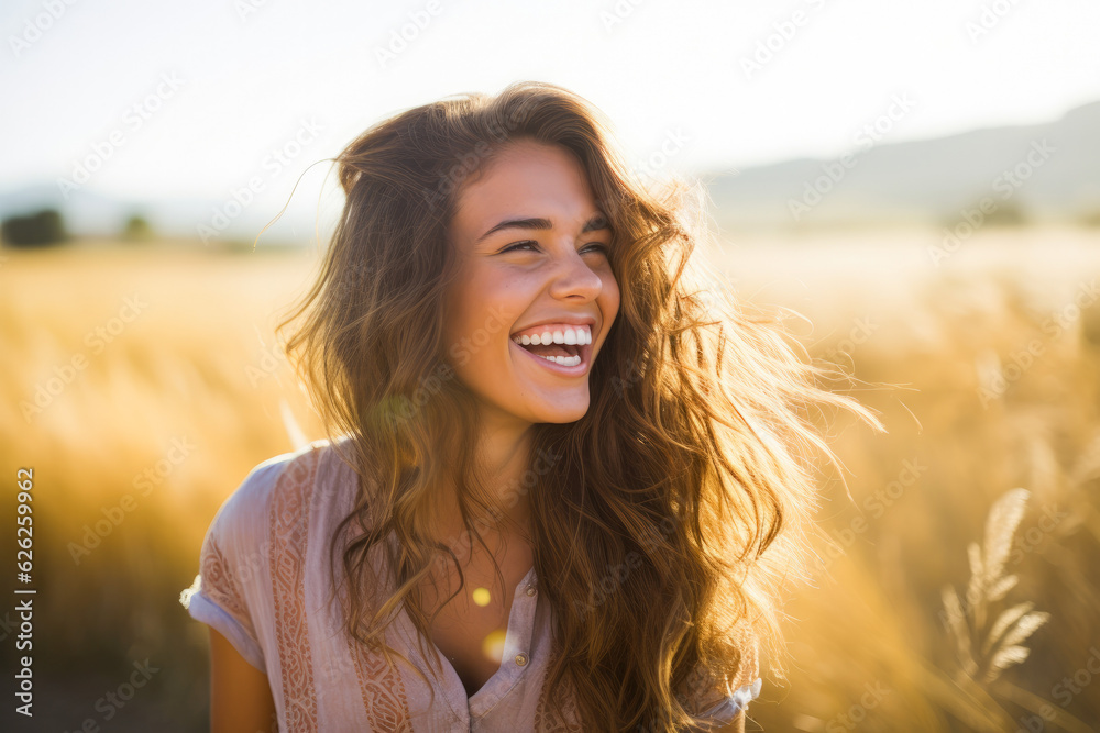 Young happy smiling woman standing in a field with sun shining through her hair Young happy smiling woman standing in a field with sun shining through her hair