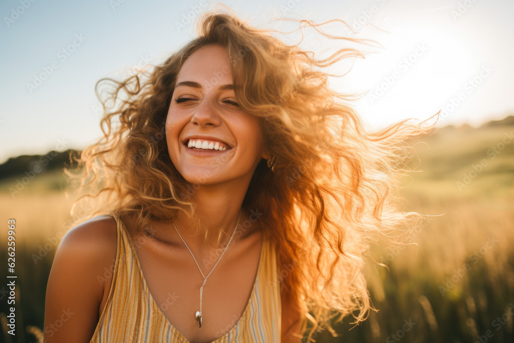 Young happy smiling woman standing in a field with sun shining through her hair Young happy smiling woman standing in a field with sun shining through her hair