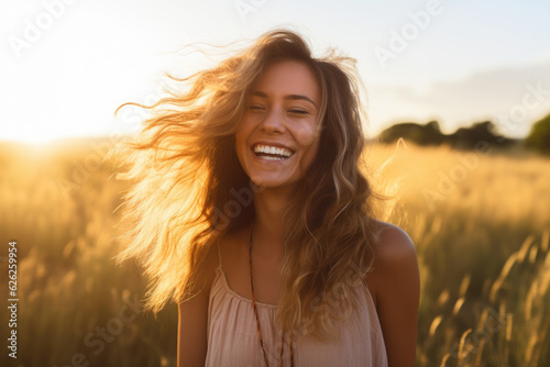 Fototapeta Young happy smiling woman standing in a field with sun shining through her hair