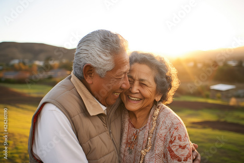 An elderly Hispanic couple enjoying outdoors, their love palpable, reflecting a Latin American immigrant's fulfilling retirement photo