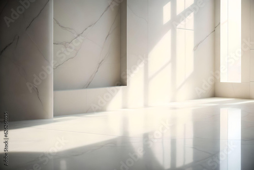 White marble wall with columns and marble floor. AI Generated.