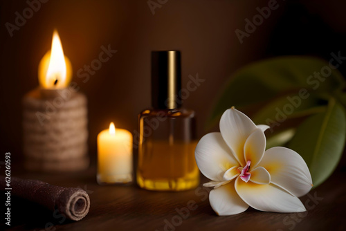 Beautiful spa composition with aroma oil bottle and frangipani on wooden table, AI Generated.