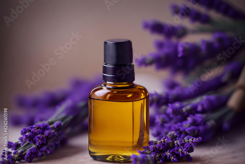 Spa oil with lavender flowers on wooden table  AI Generated.
