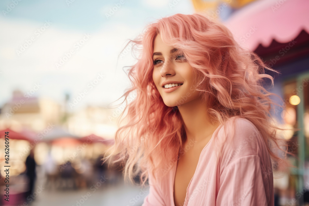 Fototapeta premium Beautiful young woman with striking pink and blonde hair. Enjoying outdoors at a lively boardwalk lined with shops and restaurants, emphasizing a carefree spirit